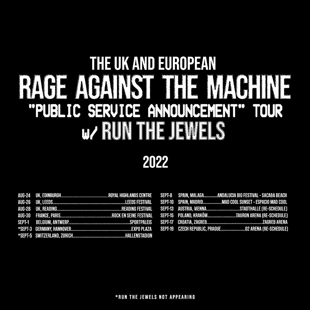 NEW EUROPEAN DATES WITH RAGE AGAINST THE MACHINE